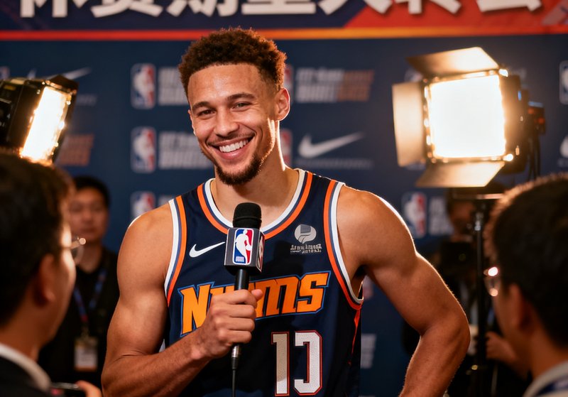 NBA休赛期重大转会新闻配图，一名球星身穿新球队球衣亮相新闻发布会